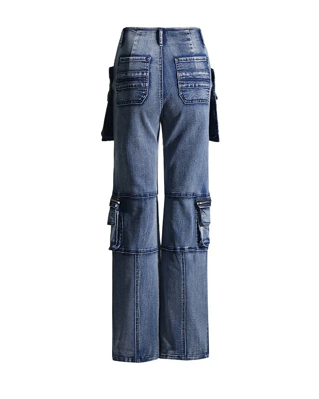 Straight Slim Denim Trousers With Sewn Large Pockets