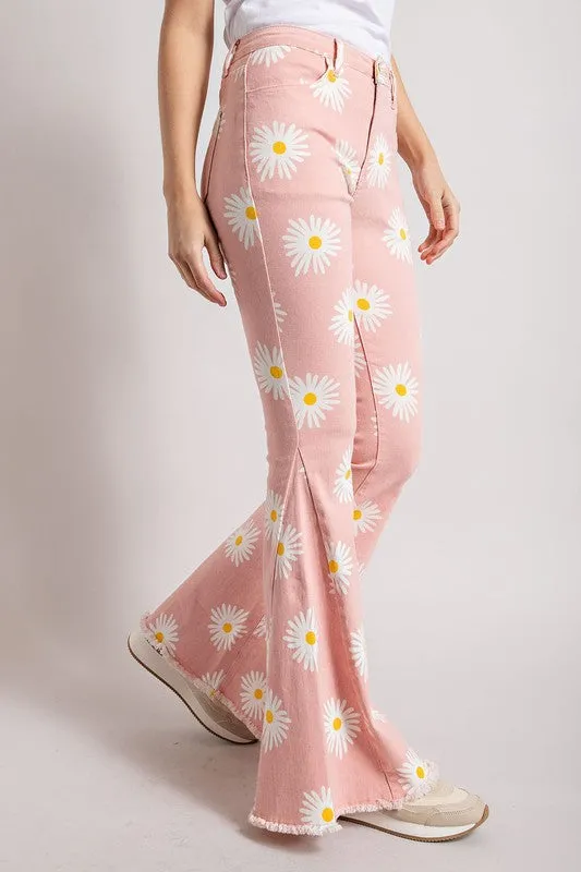 SUMMER DAISY PRINT DENIM BELL BOTTOM FLARE PANTS