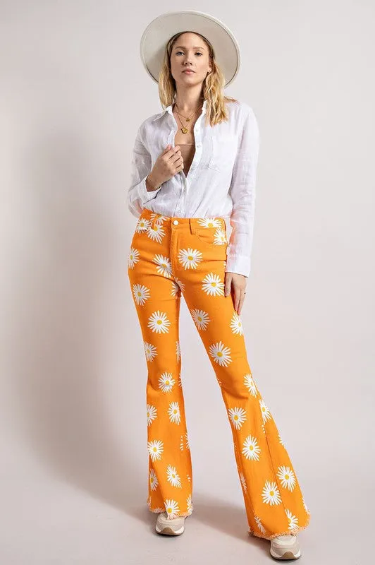 SUMMER DAISY PRINT DENIM BELL BOTTOM FLARE PANTS