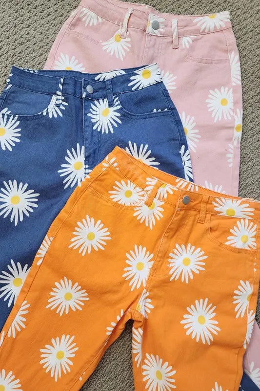 SUMMER DAISY PRINT DENIM BELL BOTTOM FLARE PANTS