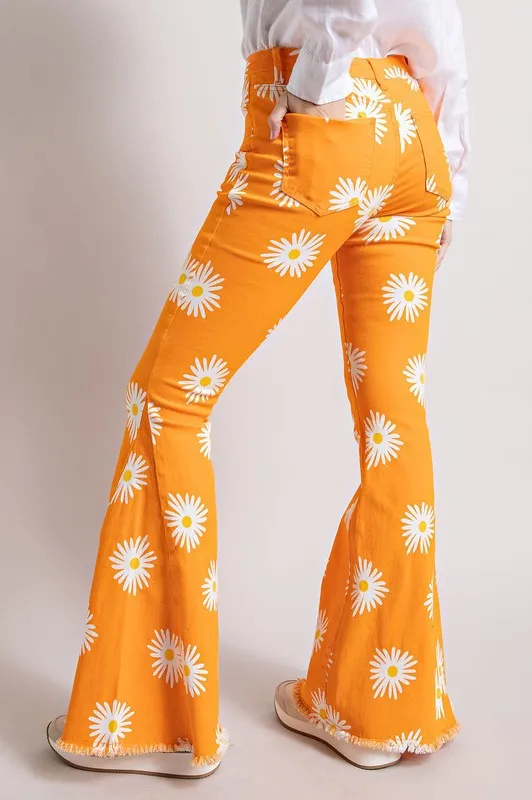 SUMMER DAISY PRINT DENIM BELL BOTTOM FLARE PANTS