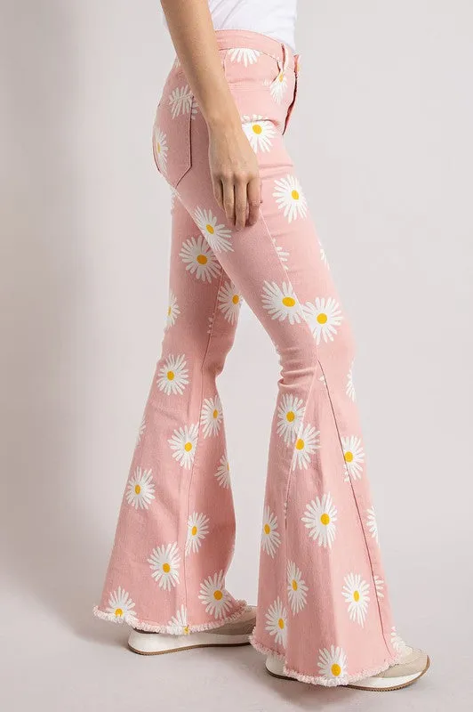 SUMMER DAISY PRINT DENIM BELL BOTTOM FLARE PANTS