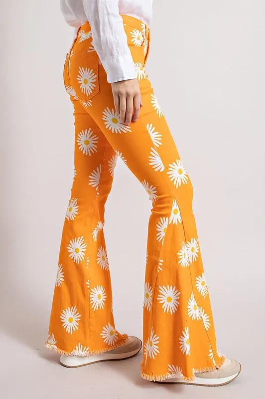 SUMMER DAISY PRINT DENIM BELL BOTTOM FLARE PANTS