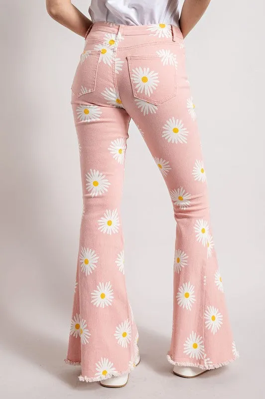 SUMMER DAISY PRINT DENIM BELL BOTTOM FLARE PANTS