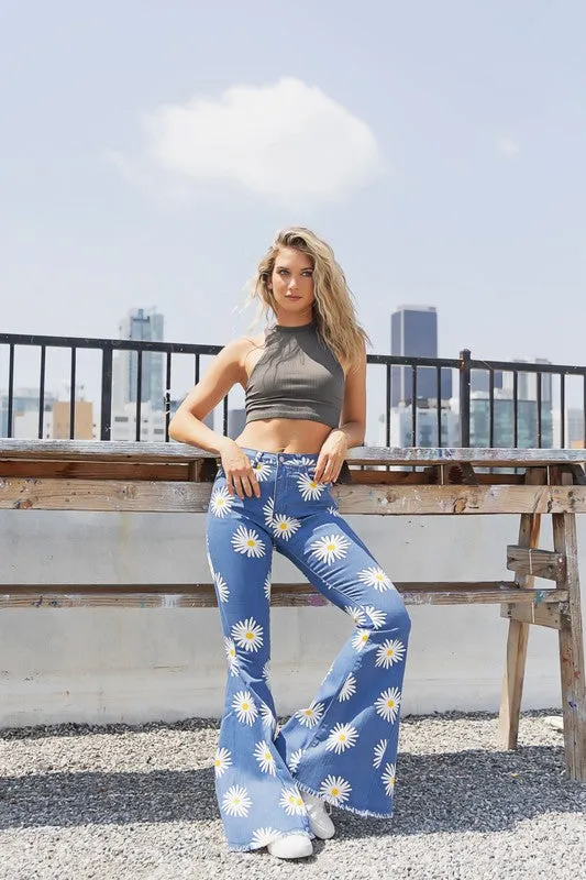 SUMMER DAISY PRINT DENIM BELL BOTTOM FLARE PANTS