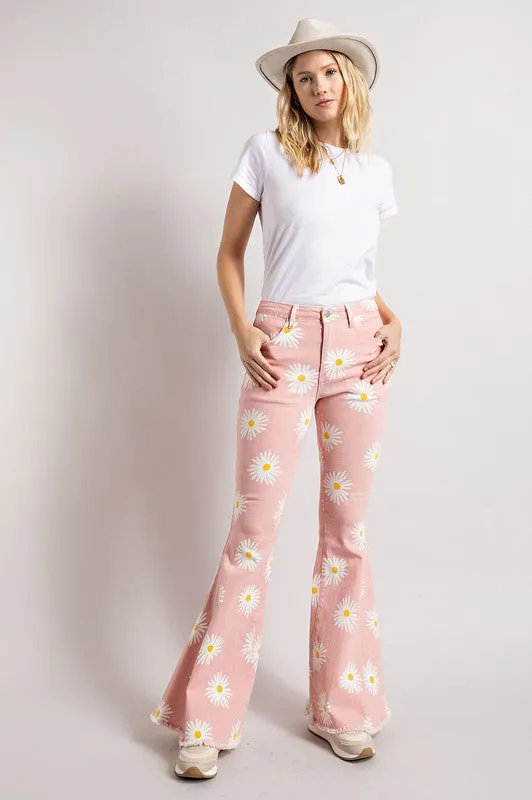 SUMMER DAISY PRINT DENIM BELL BOTTOM FLARE PANTS