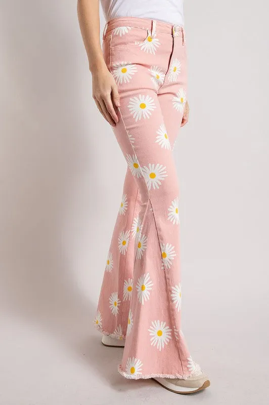 SUMMER DAISY PRINT DENIM BELL BOTTOM FLARE PANTS