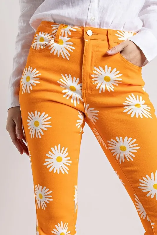 SUMMER DAISY PRINT DENIM BELL BOTTOM FLARE PANTS