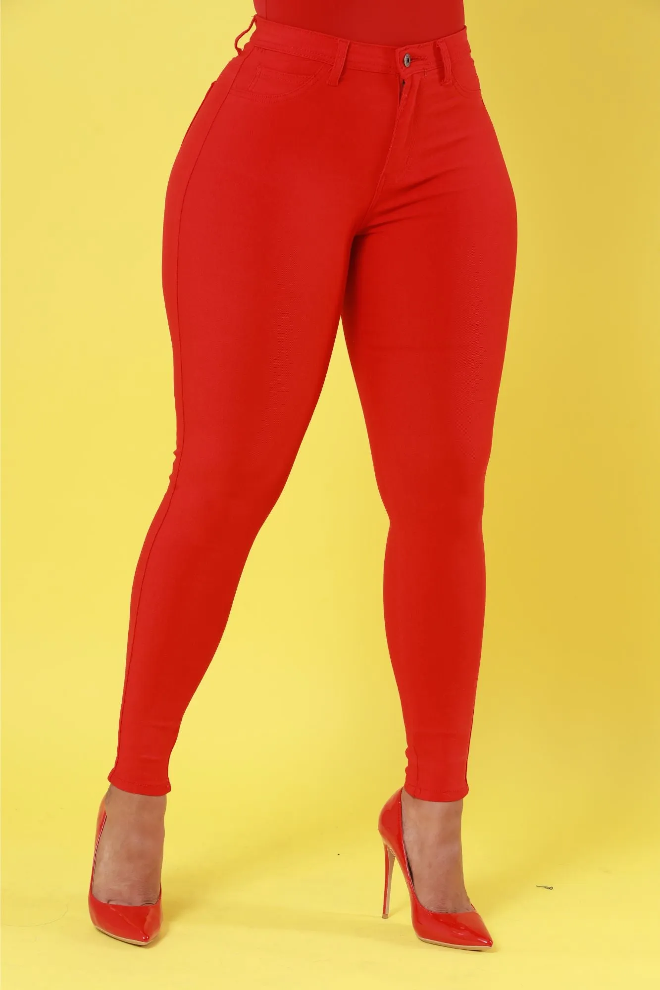 Super Swank High Rise Belt Loop Stretchy Skinny Jeans - Red