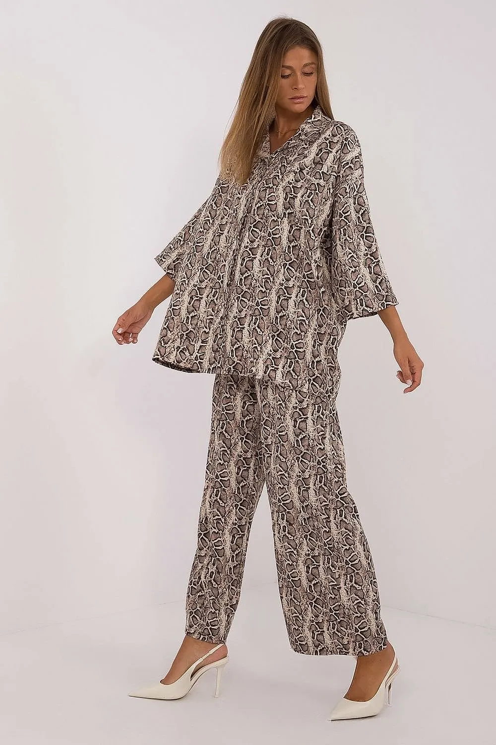 TEEK - Animal Patterned Button-Down Top Casual Pants Set