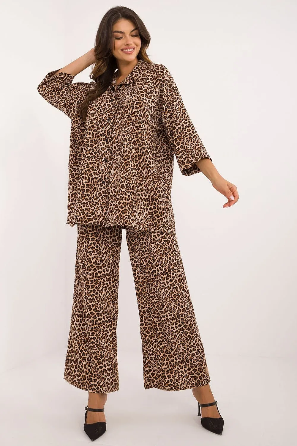 TEEK - Animal Patterned Button-Down Top Casual Pants Set