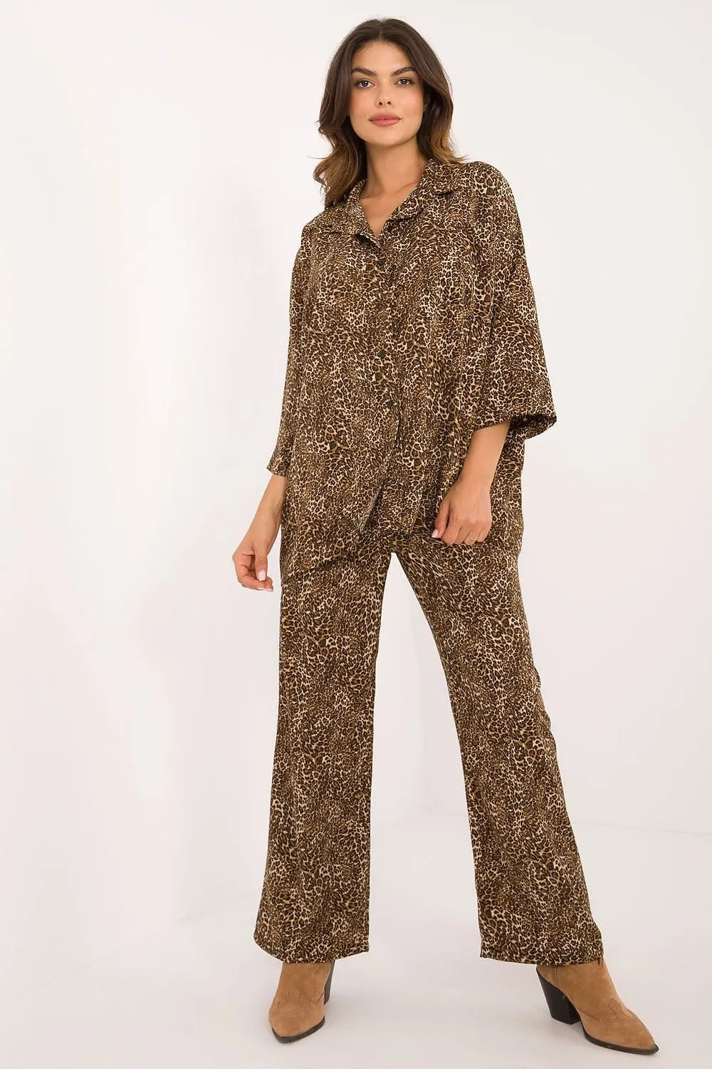 TEEK - Animal Patterned Button-Down Top Casual Pants Set