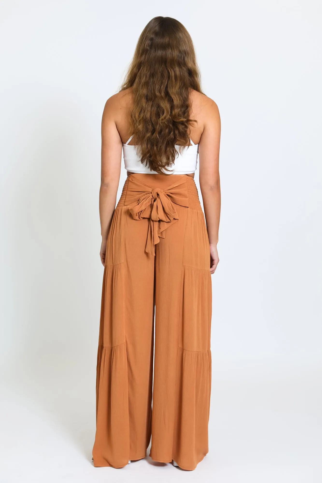 TIE WAIST TIERED WIDE LEG PANT - BURNTWOOD