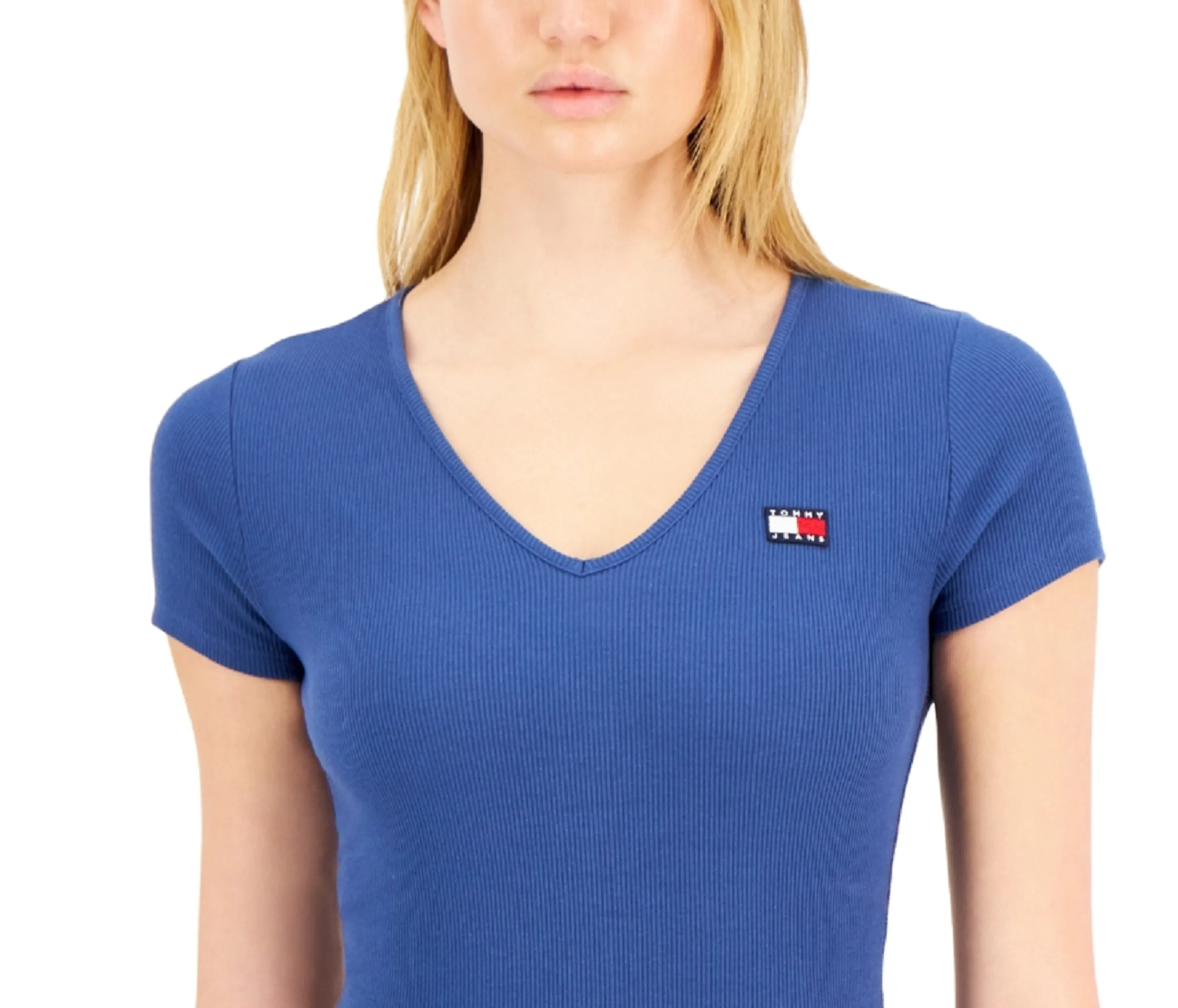 Tommy Jeans Women's Short Sleeve V Neck Bodysuit Blue Size XX-Small