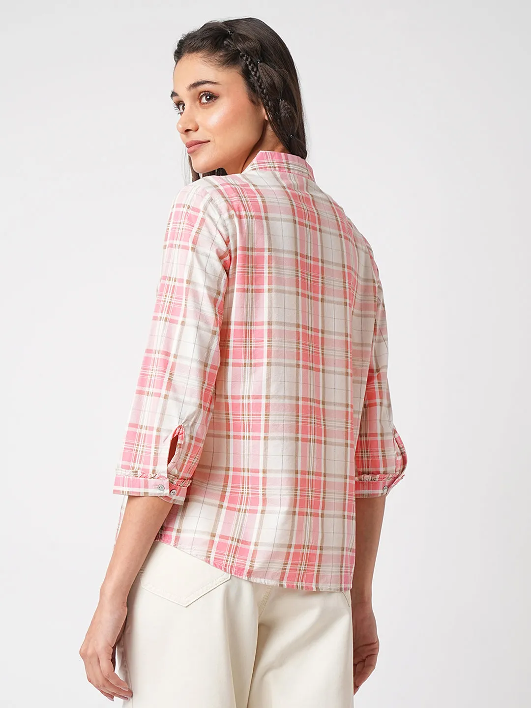 Women Dusty Pink Checks Slim Fit Shirt