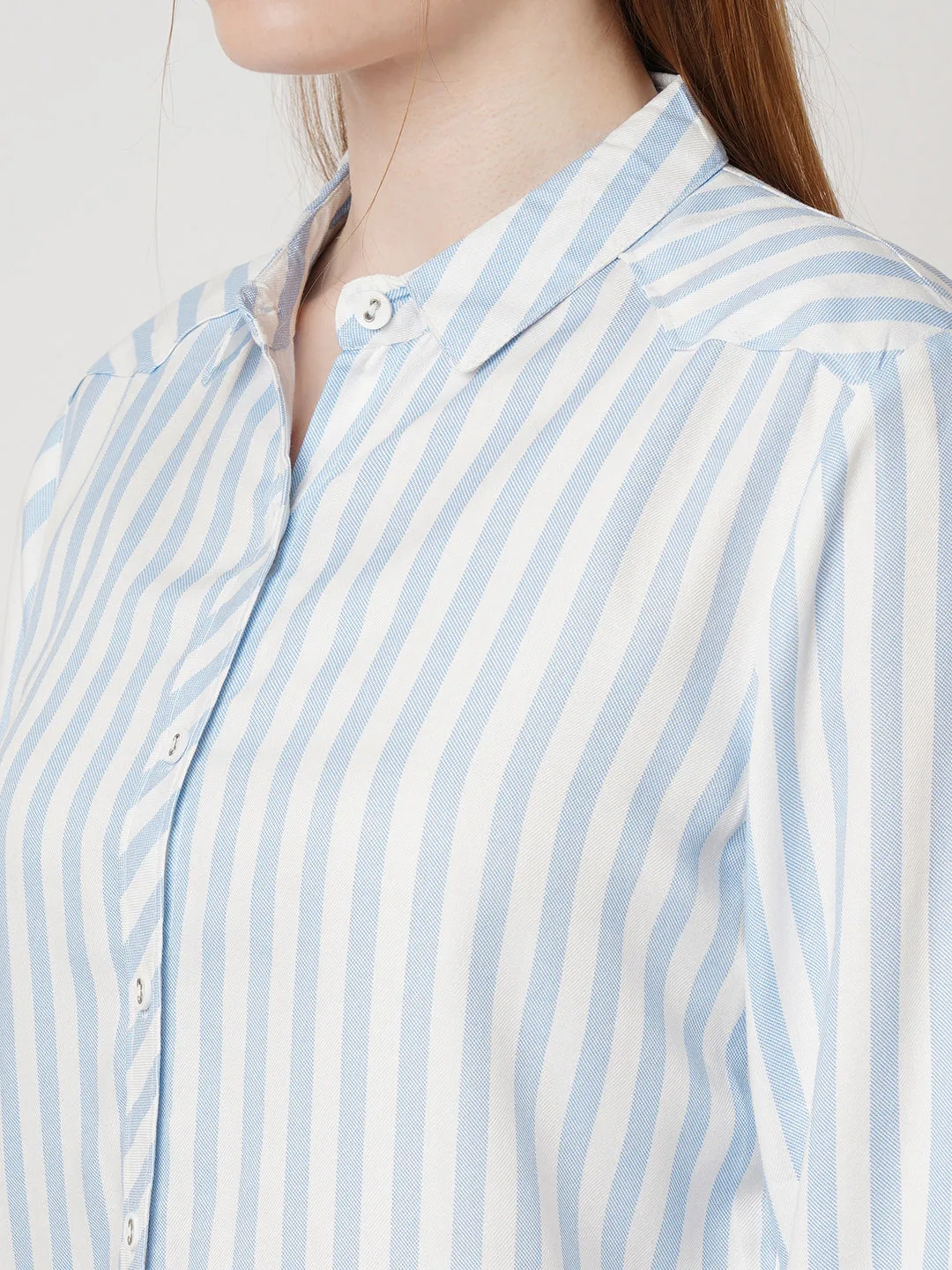 Women Slim Fit Sky/White Stripe Shirt