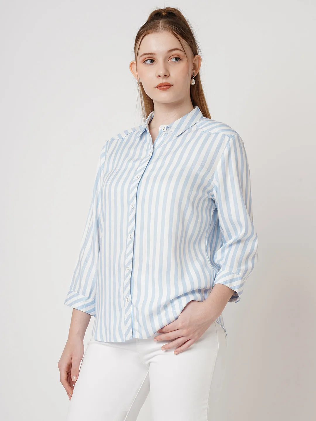 Women Slim Fit Sky/White Stripe Shirt