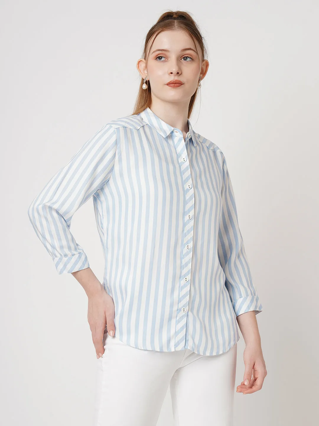 Women Slim Fit Sky/White Stripe Shirt