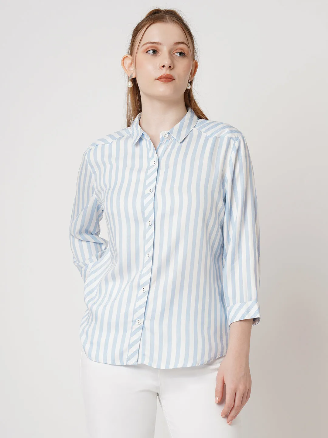 Women Slim Fit Sky/White Stripe Shirt