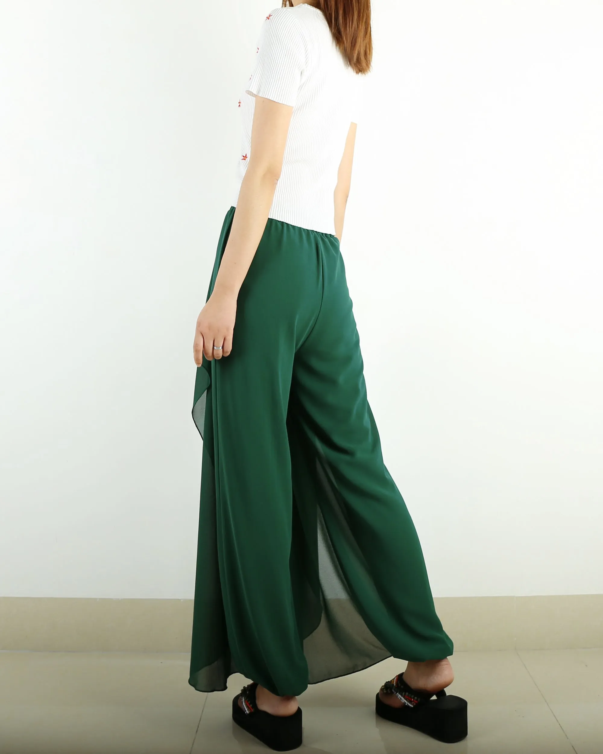 Womens Wide Leg trousers/Chiffon Skirt Pants/Elastic Waist Pants/High Waist Loose Trousers/Layered Flowy Pants/Black Pants(K1701)