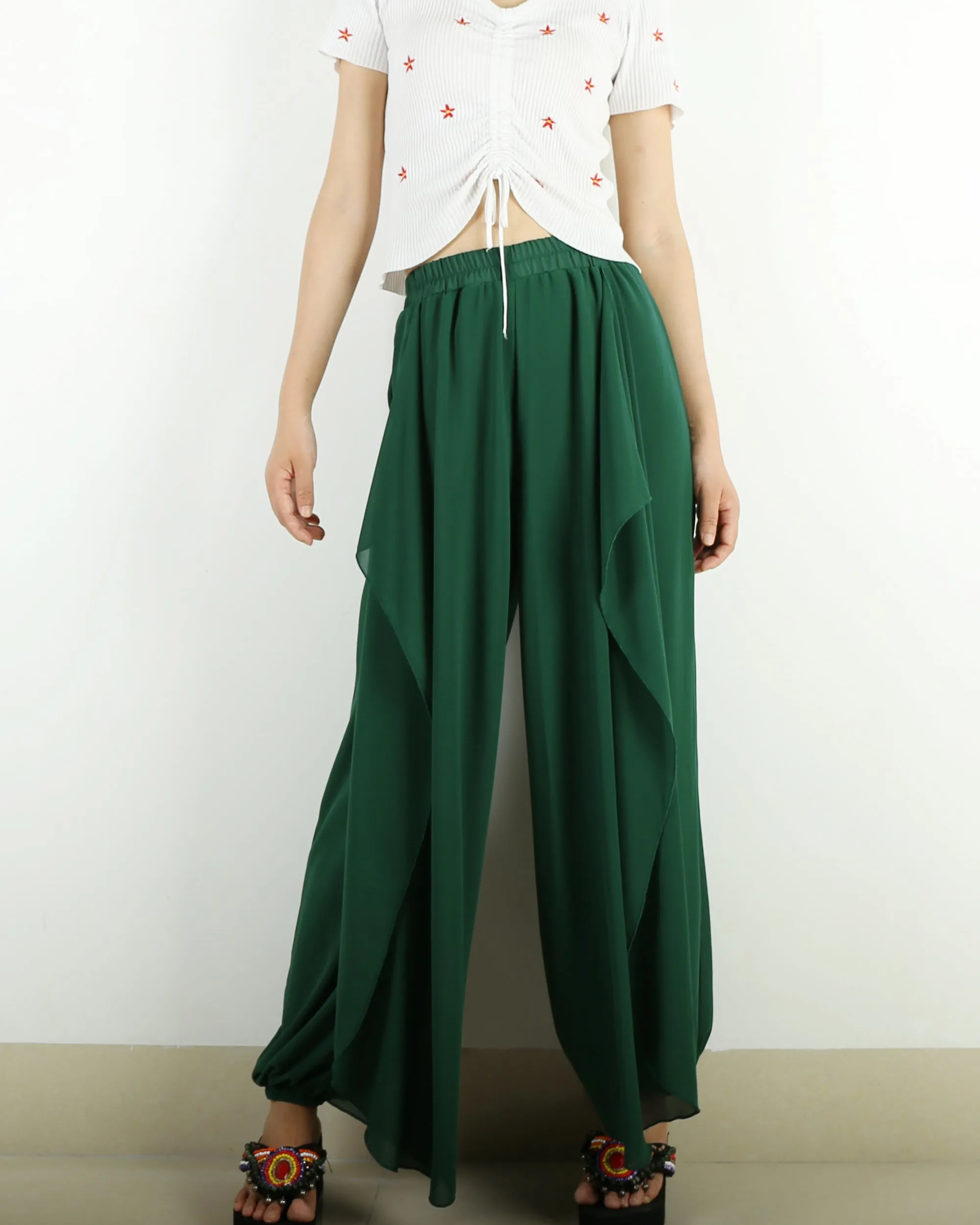 Womens Wide Leg trousers/Chiffon Skirt Pants/Elastic Waist Pants/High Waist Loose Trousers/Layered Flowy Pants/Black Pants(K1701)